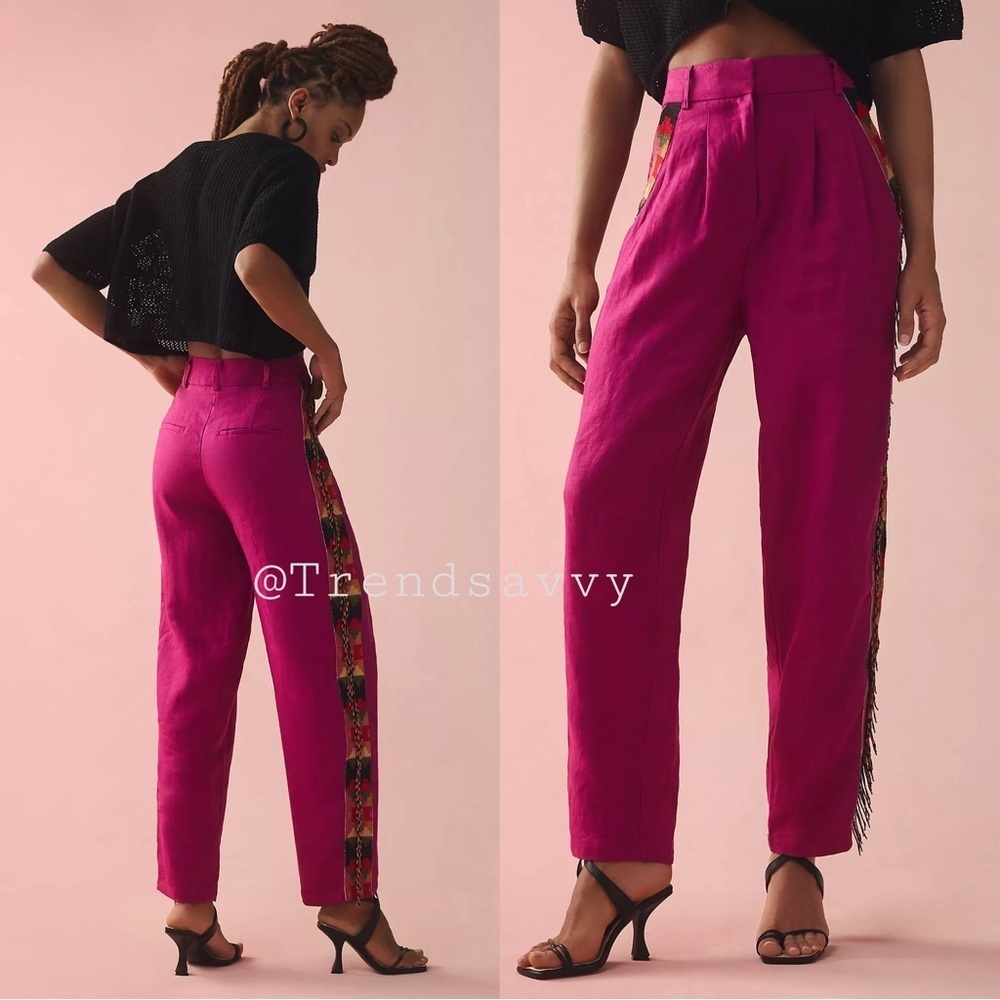 Farm Rio Linen Beaded Fringe Carrot Pants Pink High Rise Boho Size Medium NWT